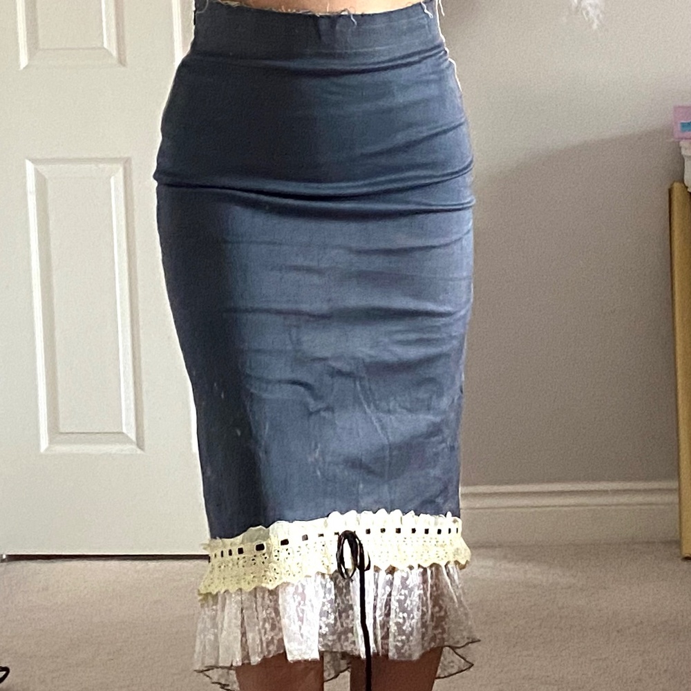 vintage denim lace midi skirt